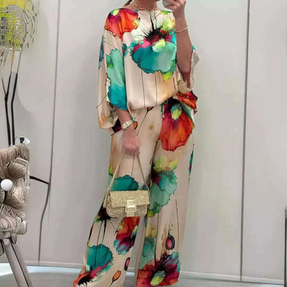 Summer Fashion Printed Satin Two Piece Sets Women Sexy Round Neck 3/4 Sleeved Top + Wide Leg Long Pants Casual Two Piece Set