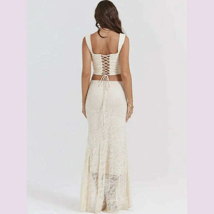 Suninheart Elegant Women 2 Piece Dress Set 2023 Maxi Wedding Guest Dress Lace Up Crop Top and Maxi Skirt Set Formal Event Dress