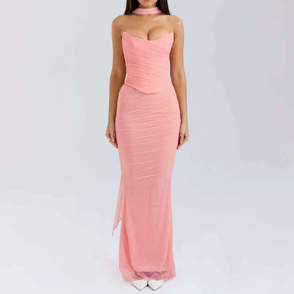 Suninheart Elegant Women 2 Piece Dress Set 2023 Maxi Wedding Guest Dress Lace Up Crop Top and Maxi Skirt Set Formal Event Dress
