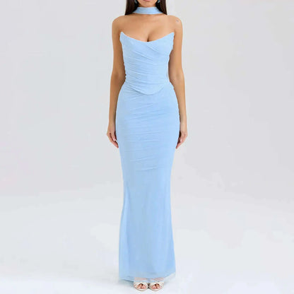 Suninheart Elegant Women 2 Piece Dress Set 2023 Maxi Wedding Guest Dress Lace Up Crop Top and Maxi Skirt Set Formal Event Dress