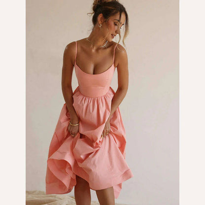 Suninheart Women Elegant Long Party Dresses Pink Spaghetti Strap A Line Dress Casual Holiday Vacation Ladies Birthday Dress