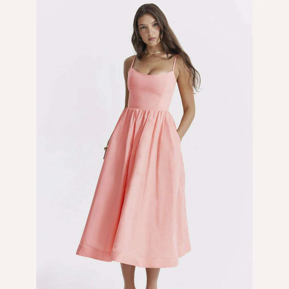 Suninheart Women Elegant Long Party Dresses Pink Spaghetti Strap A Line Dress Casual Holiday Vacation Ladies Birthday Dress