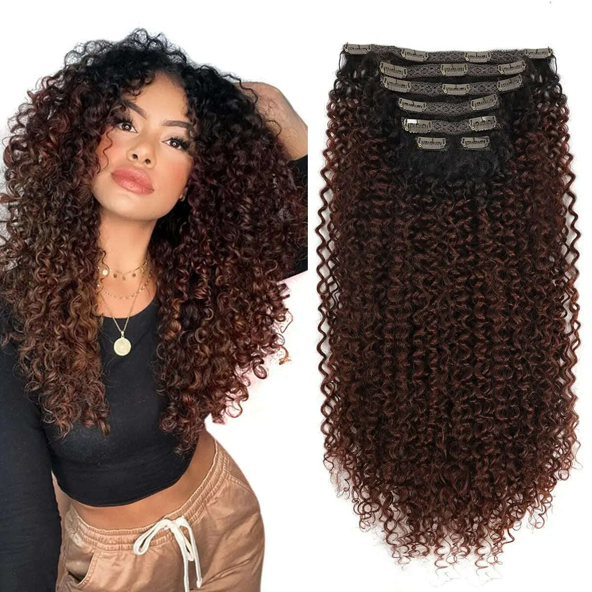 Synthetic Clip In Hair Extension Full Head Long 26”140g Afro Kinky Curly Fake Hair Pieces Clip-on Blacke Brown hairpin For Women
