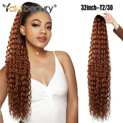 Synthetic Drawstring Ponytail Long Kinky Curly Ponytail Organic Chip-In Hair Extension P4/27 Clip In Pony-Tail By YAKIBEAUTY
