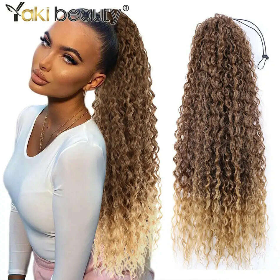 Synthetic Drawstring Ponytail Long Kinky Curly Ponytail Organic Chip-In Hair Extension P4/27 Clip In Pony-Tail By YAKIBEAUTY
