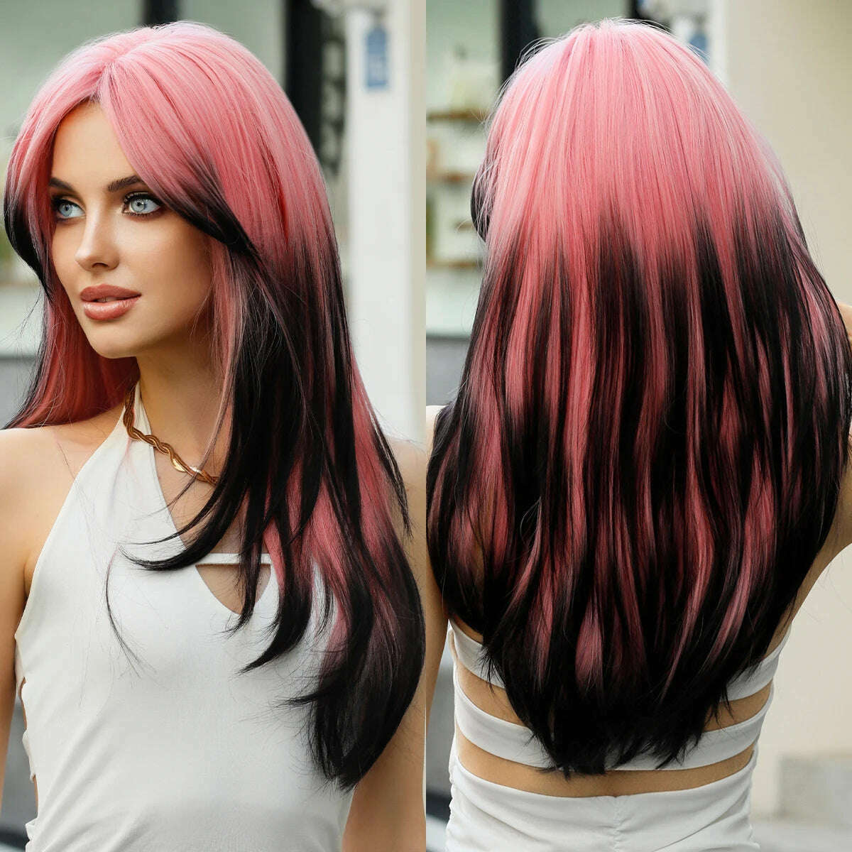 Synthetic Loose Straight Wig for Women Daily Party High Density Natural Middle Part Layered Black Hair Wigs with Curtain Bangs