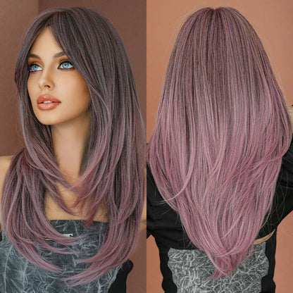 Synthetic Loose Straight Wig for Women Daily Party High Density Natural Middle Part Layered Black Hair Wigs with Curtain Bangs