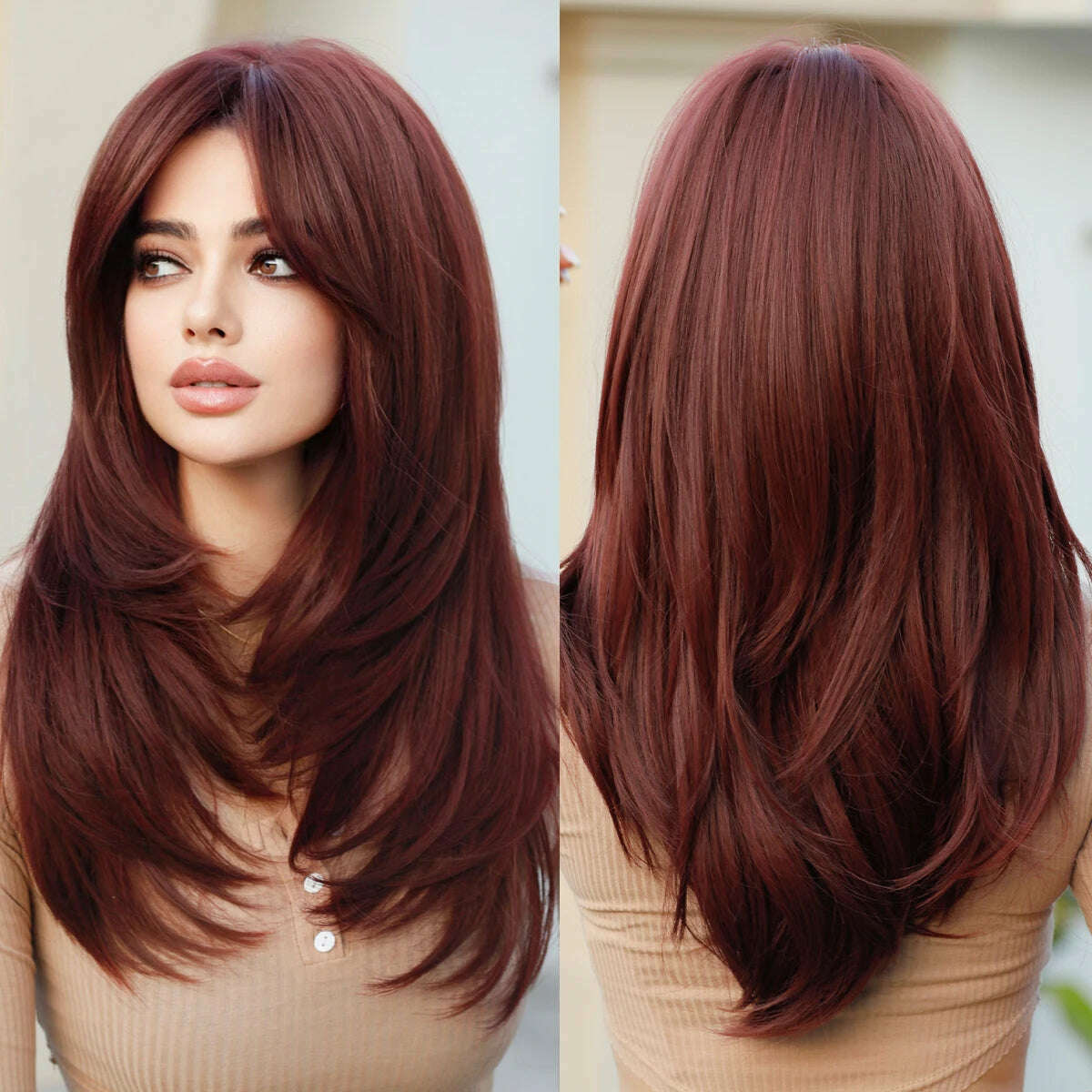 Synthetic Loose Straight Wig for Women Daily Party High Density Natural Middle Part Layered Black Hair Wigs with Curtain Bangs
