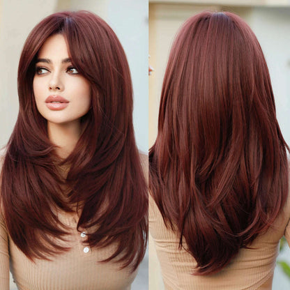 Synthetic Loose Straight Wig for Women Daily Party High Density Natural Middle Part Layered Black Hair Wigs with Curtain Bangs
