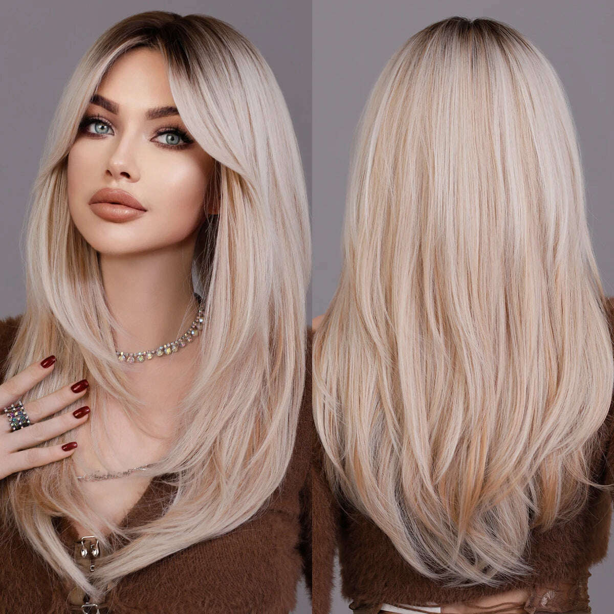 Synthetic Loose Straight Wig for Women Daily Party High Density Natural Middle Part Layered Black Hair Wigs with Curtain Bangs