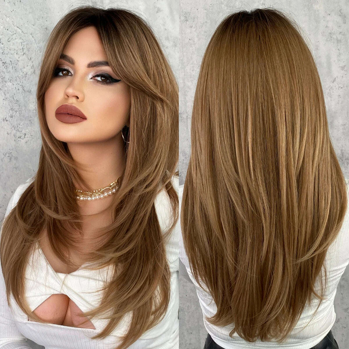 Synthetic Loose Straight Wig for Women Daily Party High Density Natural Middle Part Layered Black Hair Wigs with Curtain Bangs