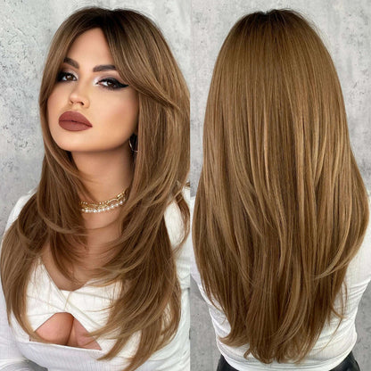 Synthetic Loose Straight Wig for Women Daily Party High Density Natural Middle Part Layered Black Hair Wigs with Curtain Bangs