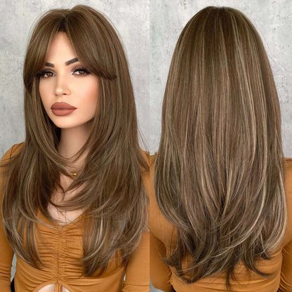 Synthetic Loose Straight Wig for Women Daily Party High Density Natural Middle Part Layered Black Hair Wigs with Curtain Bangs