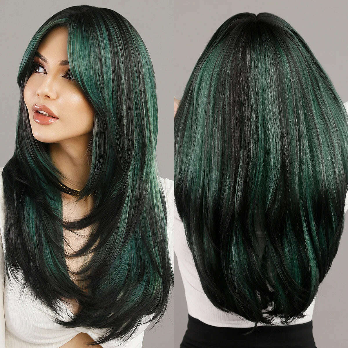 Synthetic Loose Straight Wig for Women Daily Party High Density Natural Middle Part Layered Black Hair Wigs with Curtain Bangs