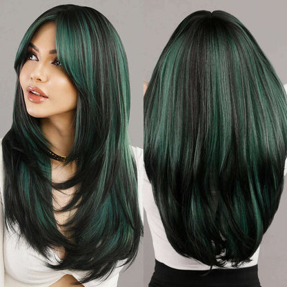 Synthetic Loose Straight Wig for Women Daily Party High Density Natural Middle Part Layered Black Hair Wigs with Curtain Bangs