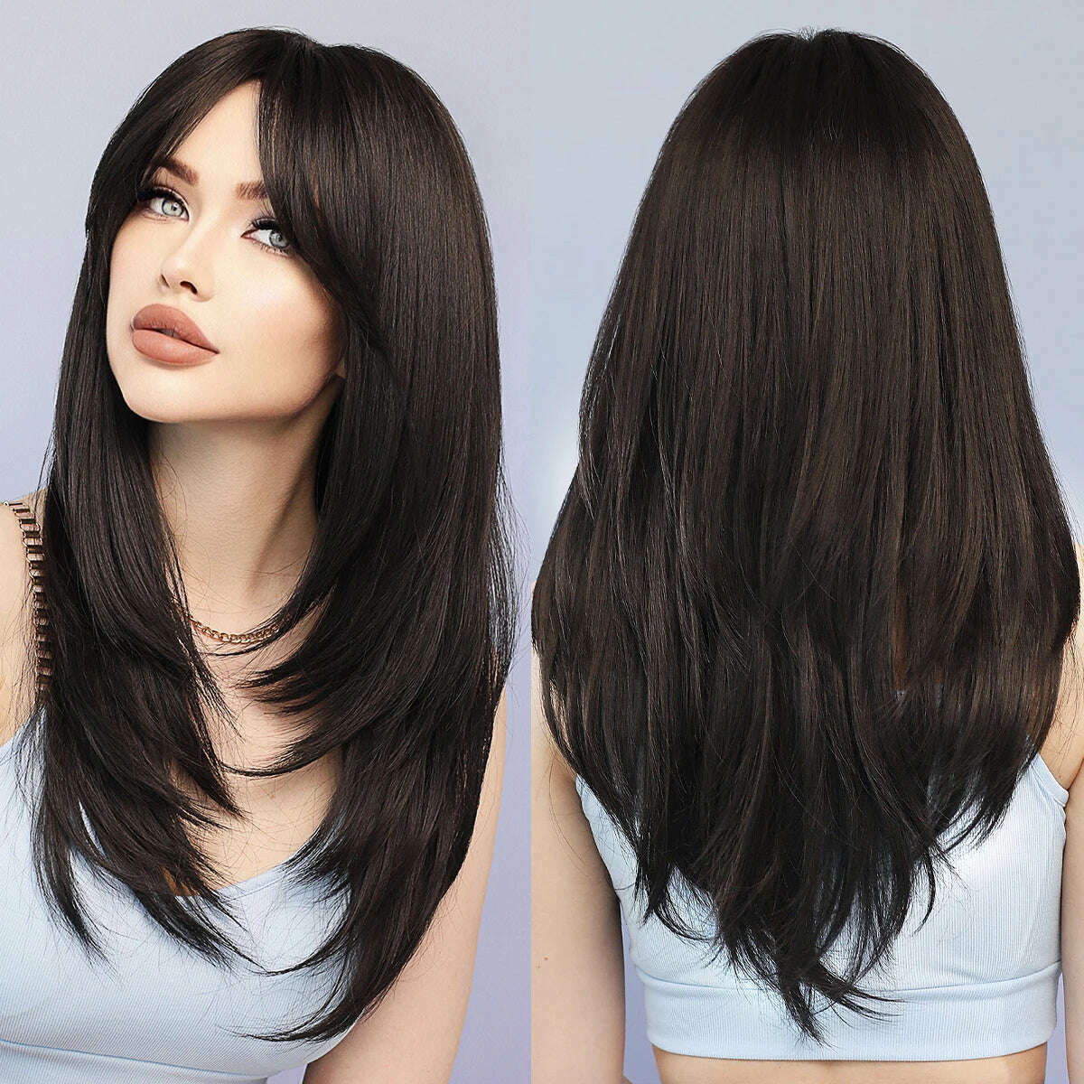 Synthetic Loose Straight Wig for Women Daily Party High Density Natural Middle Part Layered Black Hair Wigs with Curtain Bangs