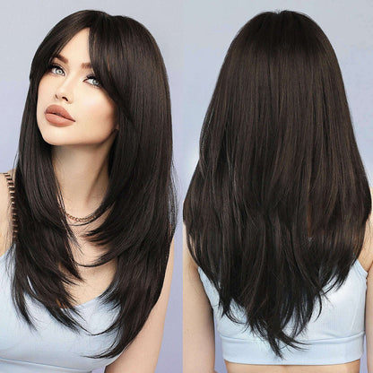 Synthetic Loose Straight Wig for Women Daily Party High Density Natural Middle Part Layered Black Hair Wigs with Curtain Bangs