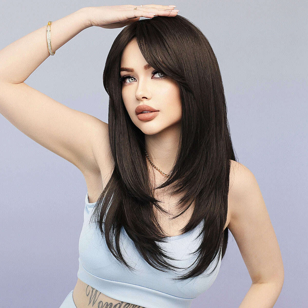 Synthetic Loose Straight Wig for Women Daily Party High Density Natural Middle Part Layered Black Hair Wigs with Curtain Bangs