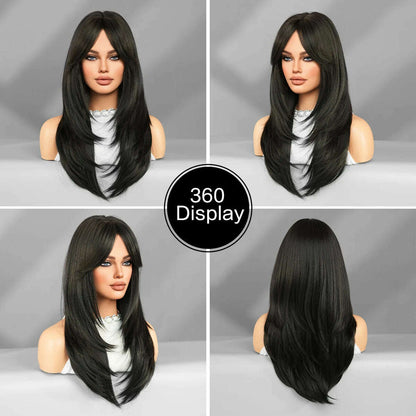 Synthetic Loose Straight Wig for Women Daily Party High Density Natural Middle Part Layered Black Hair Wigs with Curtain Bangs