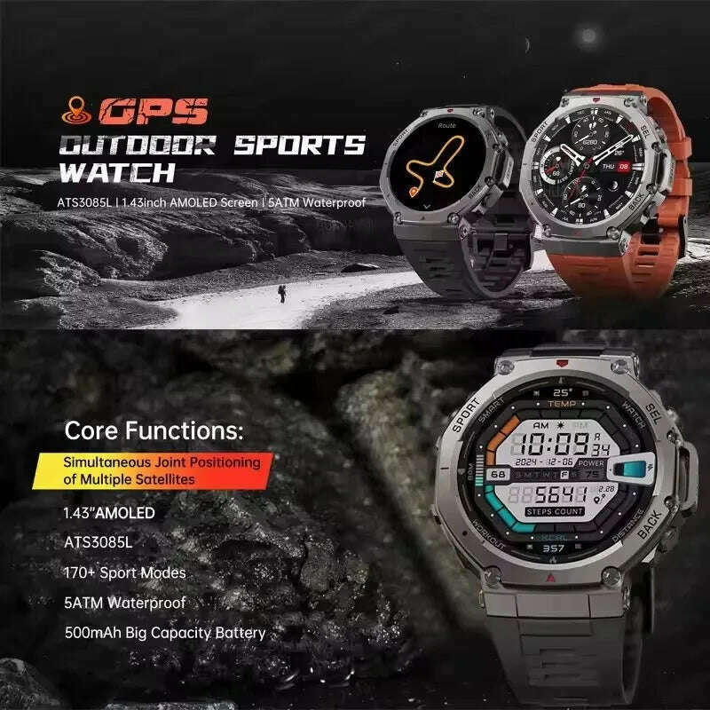 T-Rex 3 Built-in Dual-band GPS Smart Watch Men Smartwatch Compass Altimeter Barometric 5ATM IP69K Waterproof AMOLED HD Watches