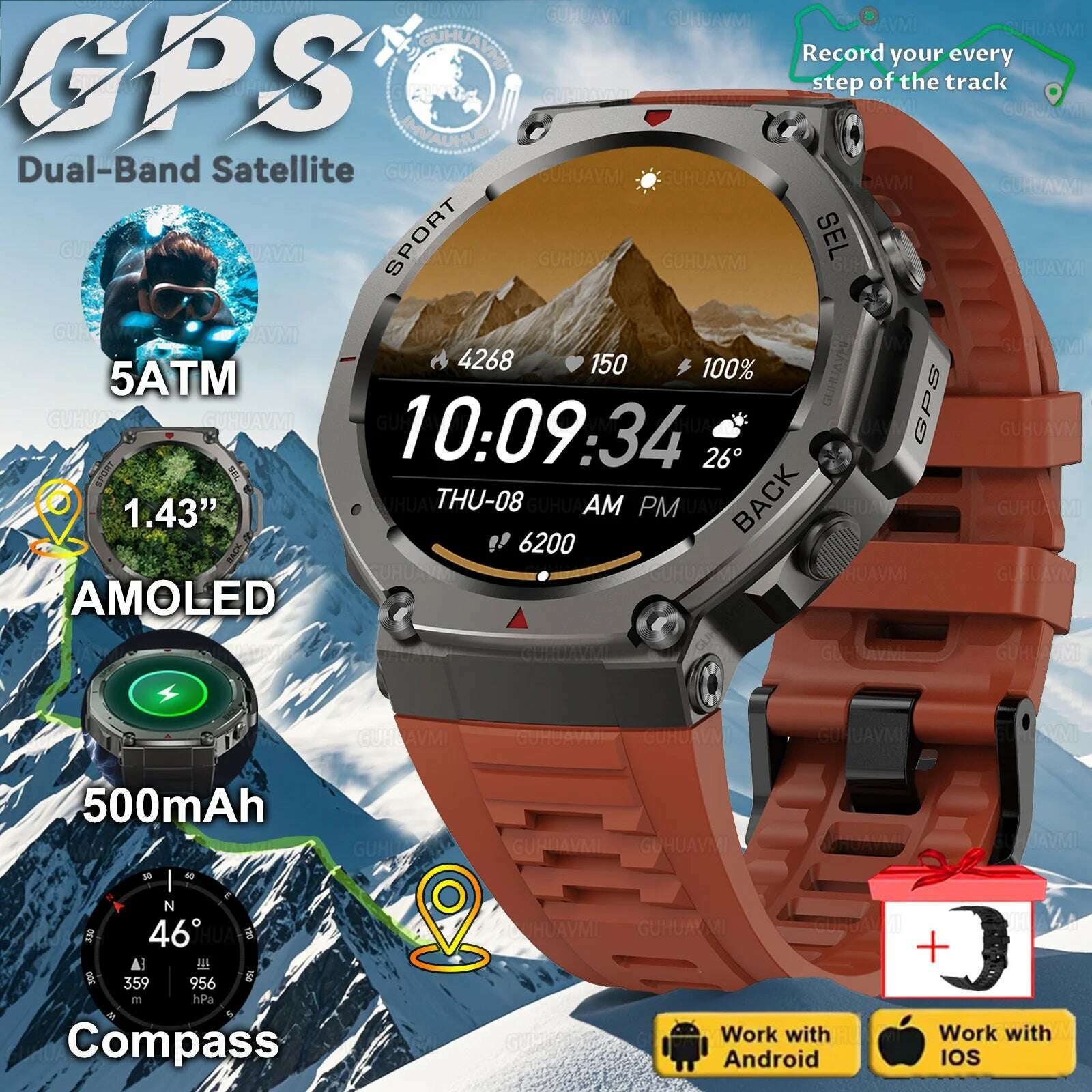 T-Rex 3 Built-in Dual-band GPS Smart Watch Men Smartwatch Compass Altimeter Barometric 5ATM IP69K Waterproof AMOLED HD Watches