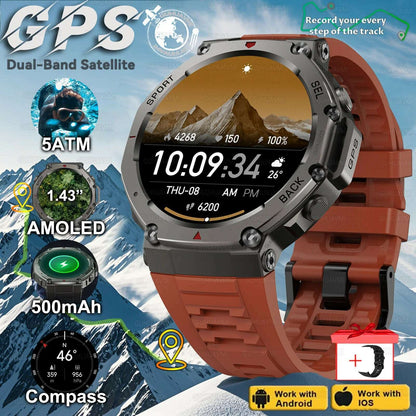 T-Rex 3 Built-in Dual-band GPS Smart Watch Men Smartwatch Compass Altimeter Barometric 5ATM IP69K Waterproof AMOLED HD Watches