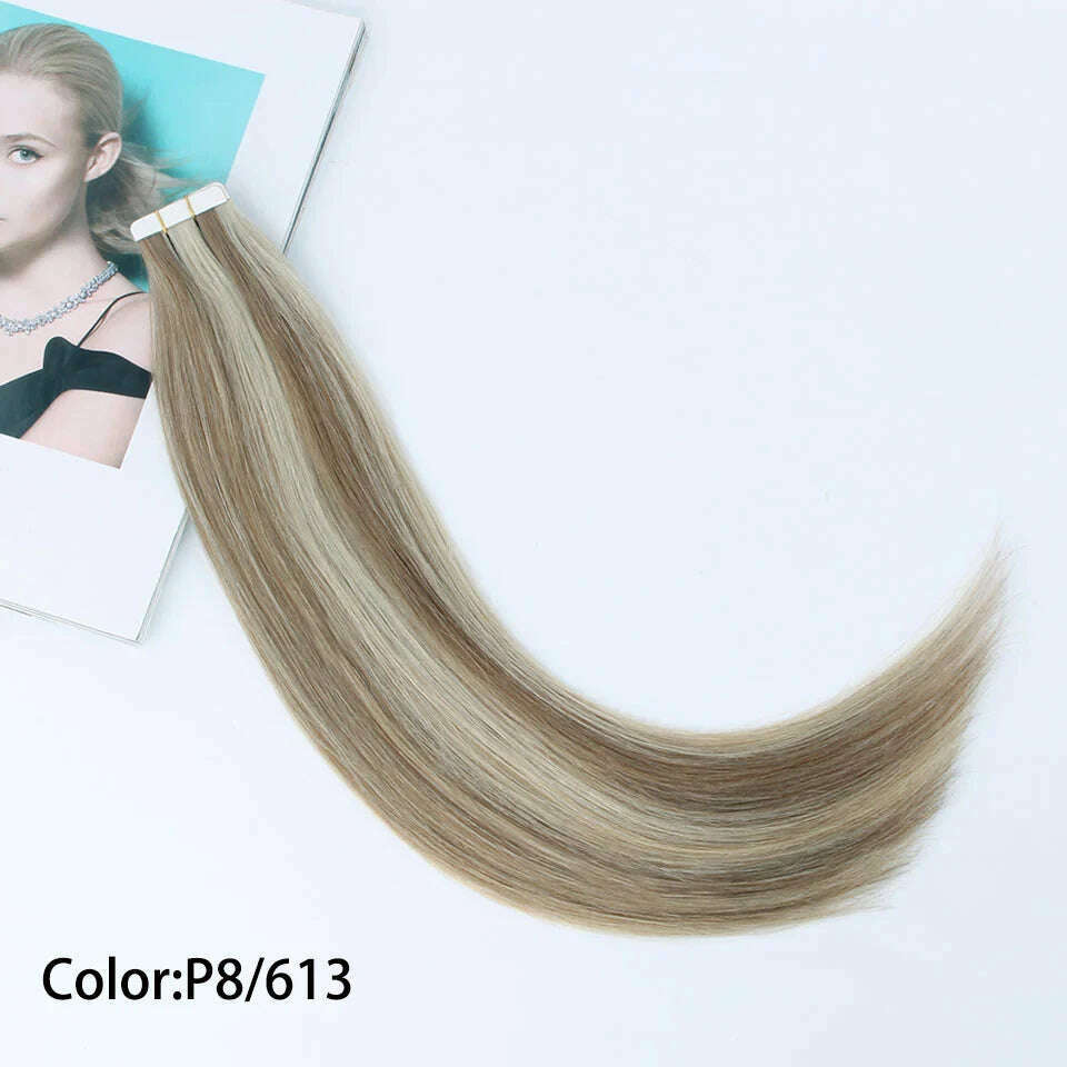 Tape in Hair Extensions Color #P8/613 Tape Remy Hair Extensions Straight Tape Extensions 16-26Inches Seamless Tape in Hair
