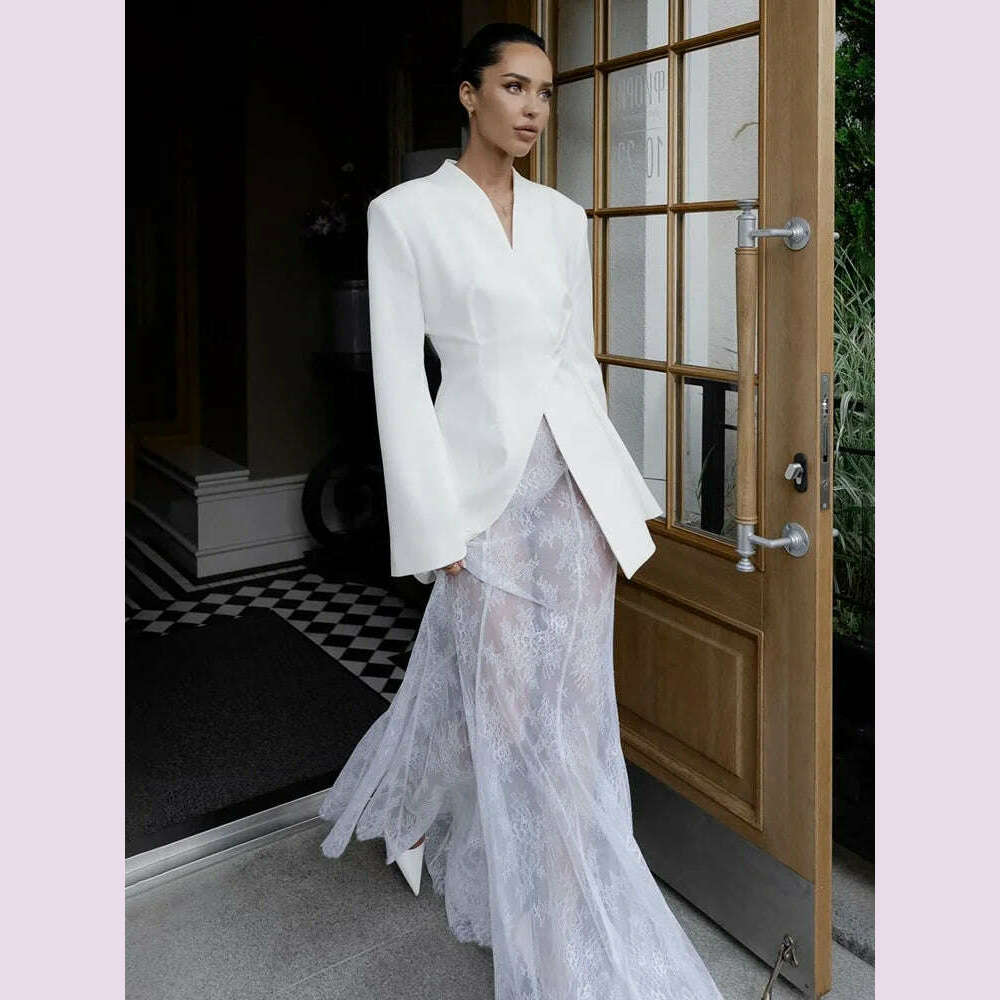 TARUXY Slim White Button Blazer Coat For Women V Neck Long Sleeve Office Lady Coat Slit High Waisted Outwear Autumn Winter New
