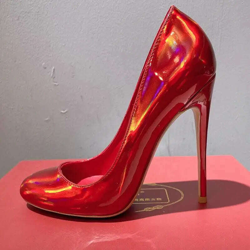 Tikicup Shiny Laser All Red Women Round Toe High Heel Shoes Wedding Party Slip On Bridal Stiletto Pumps 10cm 12cm Size 33-46