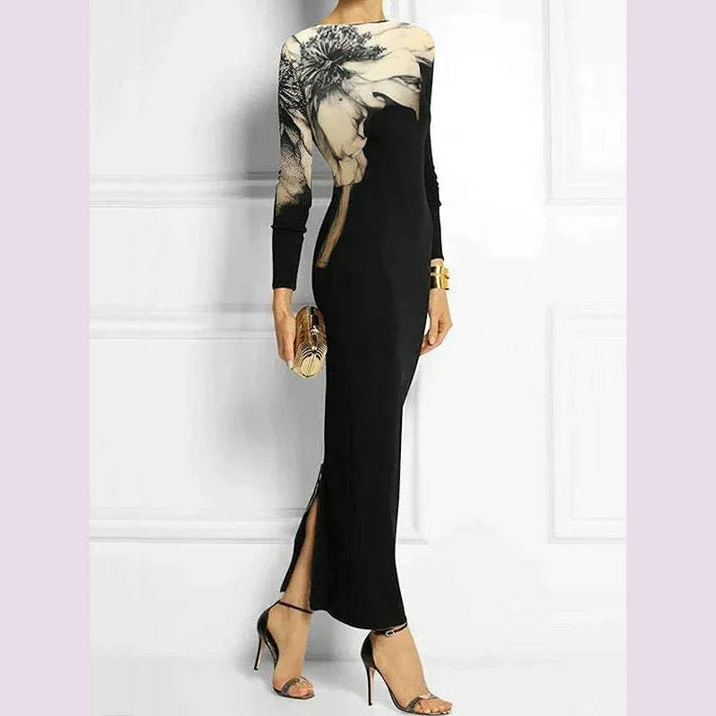 Tinaa Floral Printed Bodycon Evening Dresses for Autumn Winter Fashion Women Long Sleeves Floral Printed Boat Neck Maxi Dresses