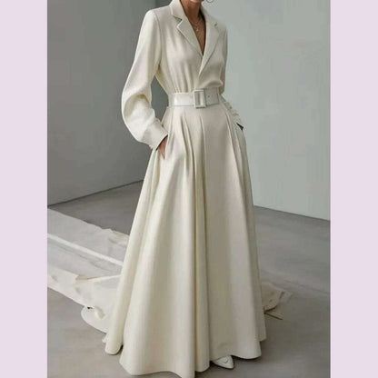 Tinaa Party Evening Dresses for Women White Maxi Dress Elegant Long Sleeves Loose No Belt Notched Collar Dresses Women Clothing