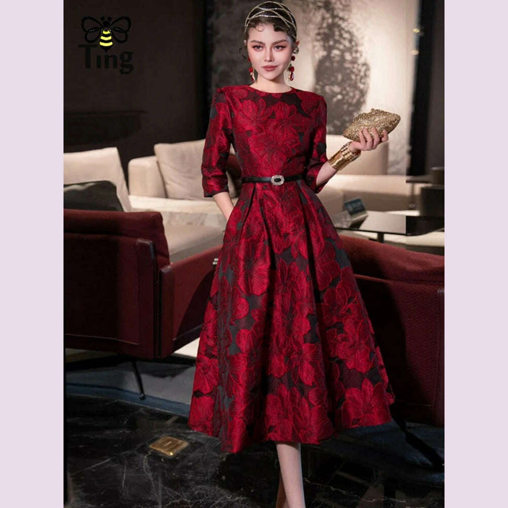 Tingfly Runway Designer High Quality Flower Jacard A Line Ball Gowns Party Dinner Dresses with Belt Lady Elegant Dress