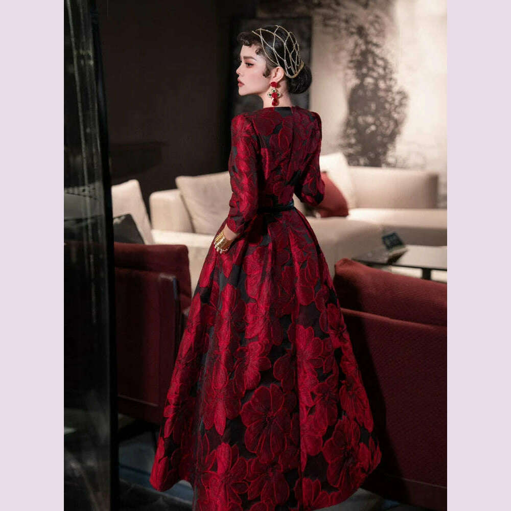 Tingfly Runway Designer High Quality Flower Jacard A Line Ball Gowns Party Dinner Dresses with Belt Lady Elegant Dress