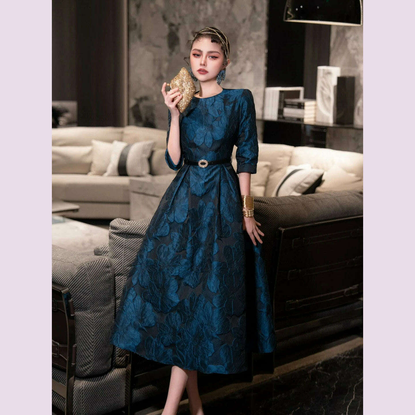 Tingfly Runway Designer High Quality Flower Jacard A Line Ball Gowns Party Dinner Dresses with Belt Lady Elegant Dress