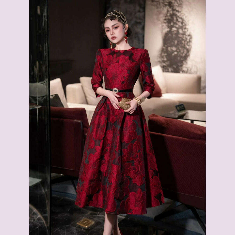 Tingfly Runway Designer High Quality Flower Jacard A Line Ball Gowns Party Dinner Dresses with Belt Lady Elegant Dress