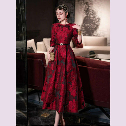 Tingfly Runway Designer High Quality Flower Jacard A Line Ball Gowns Party Dinner Dresses with Belt Lady Elegant Dress