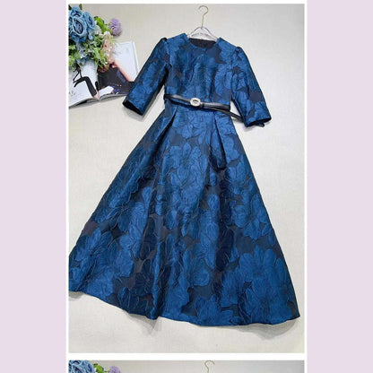 Tingfly Runway Designer High Quality Flower Jacard A Line Ball Gowns Party Dinner Dresses with Belt Lady Elegant Dress