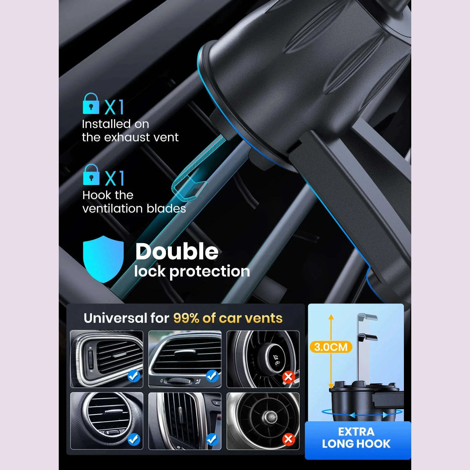 TOPK D35-S Car Phone Holder, Universal Phone Mount for Car with Hook Clip Air Vent Car Mount 360° Rotation for Mobile Phones