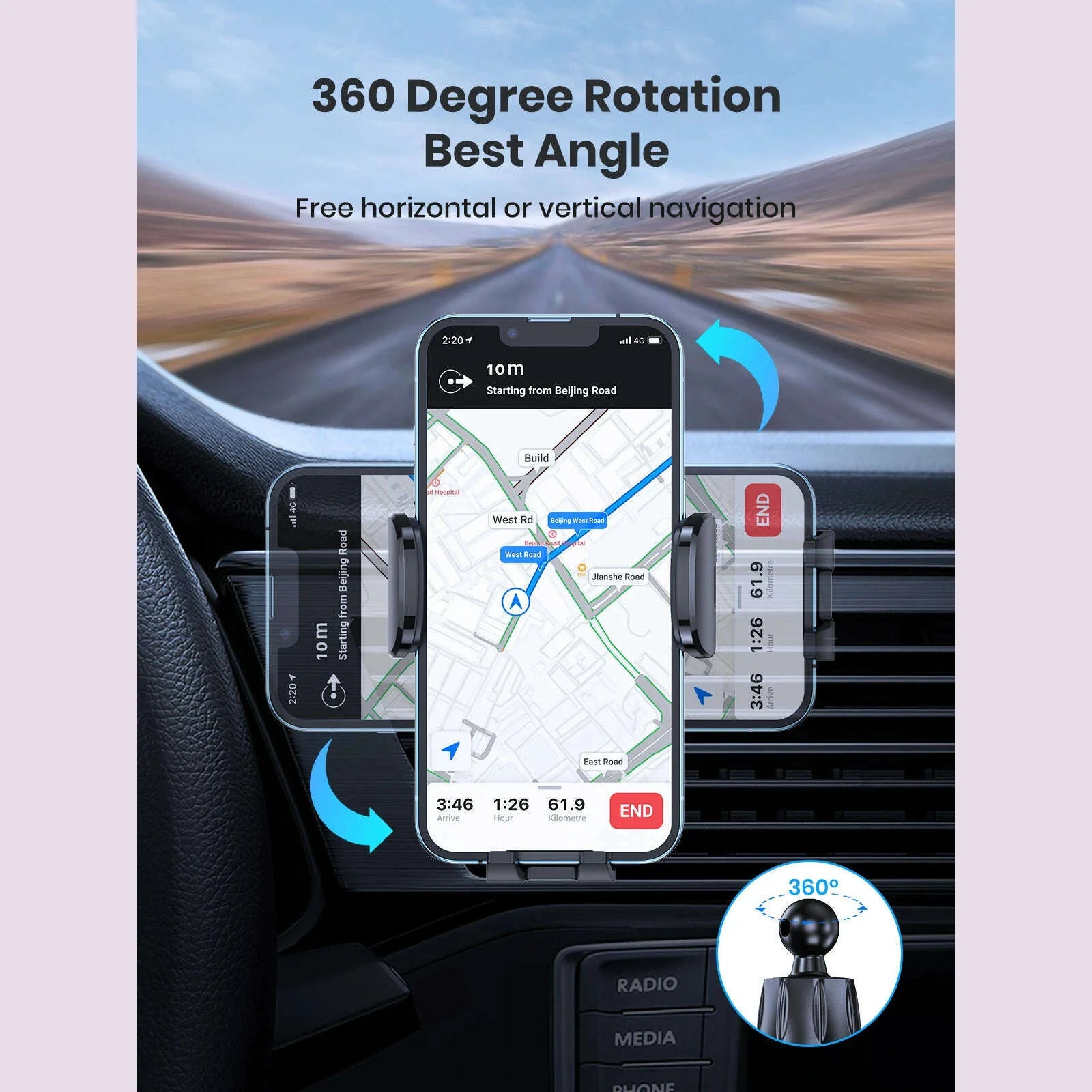 TOPK D35-S Car Phone Holder, Universal Phone Mount for Car with Hook Clip Air Vent Car Mount 360° Rotation for Mobile Phones