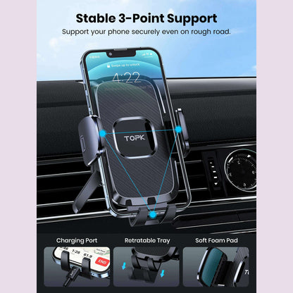 TOPK D35-S Car Phone Holder, Universal Phone Mount for Car with Hook Clip Air Vent Car Mount 360° Rotation for Mobile Phones