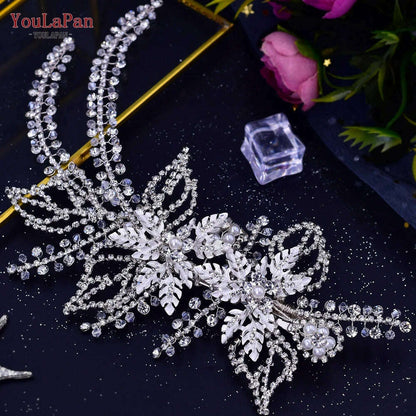TOPQUEEN HP254 Bridal Side Clip Wedding Tiara Bridal Hairpins Handmade Rhinestone Women Headwear Alloy Flower Bride Headdress