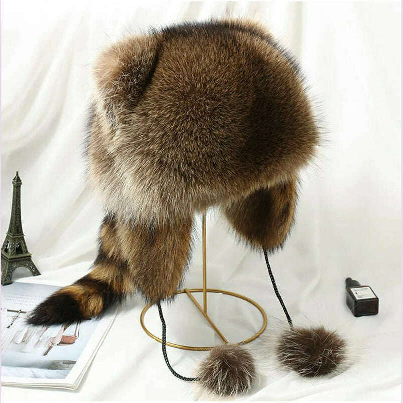 trend Raccoon Fur Cap Tail Women Natural Raccoon Fur Caps Ushanka Hats for Winter Thick Warm Ears Fashion Bomber Pom Pom Hat