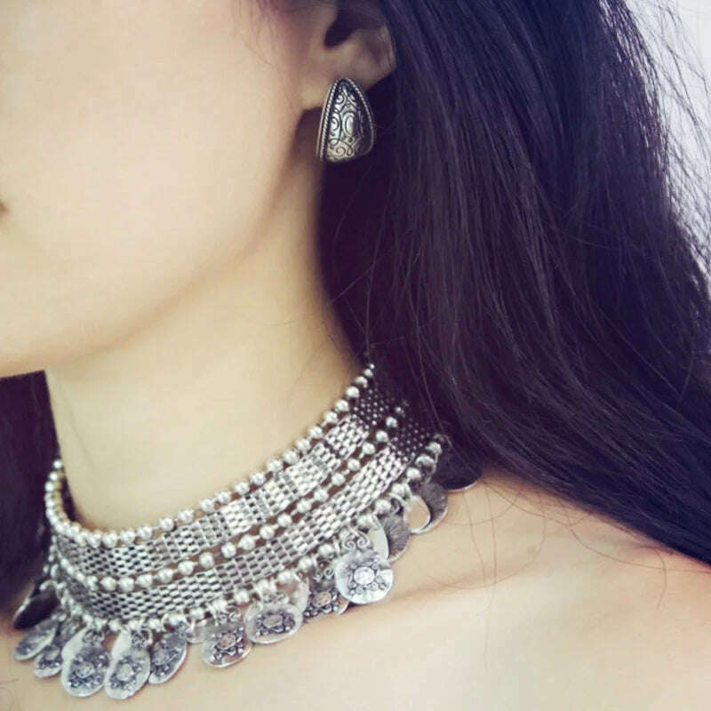 Turkish Ethnic Tribal Tibeten Coin Chunky Necklace India Oxidized Collar Choker Bib Neck Chain Afghan Gypsy Statement Jewelry