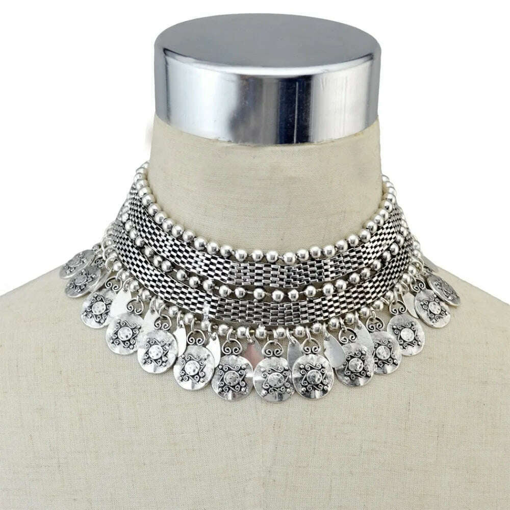 Turkish Ethnic Tribal Tibeten Coin Chunky Necklace India Oxidized Collar Choker Bib Neck Chain Afghan Gypsy Statement Jewelry