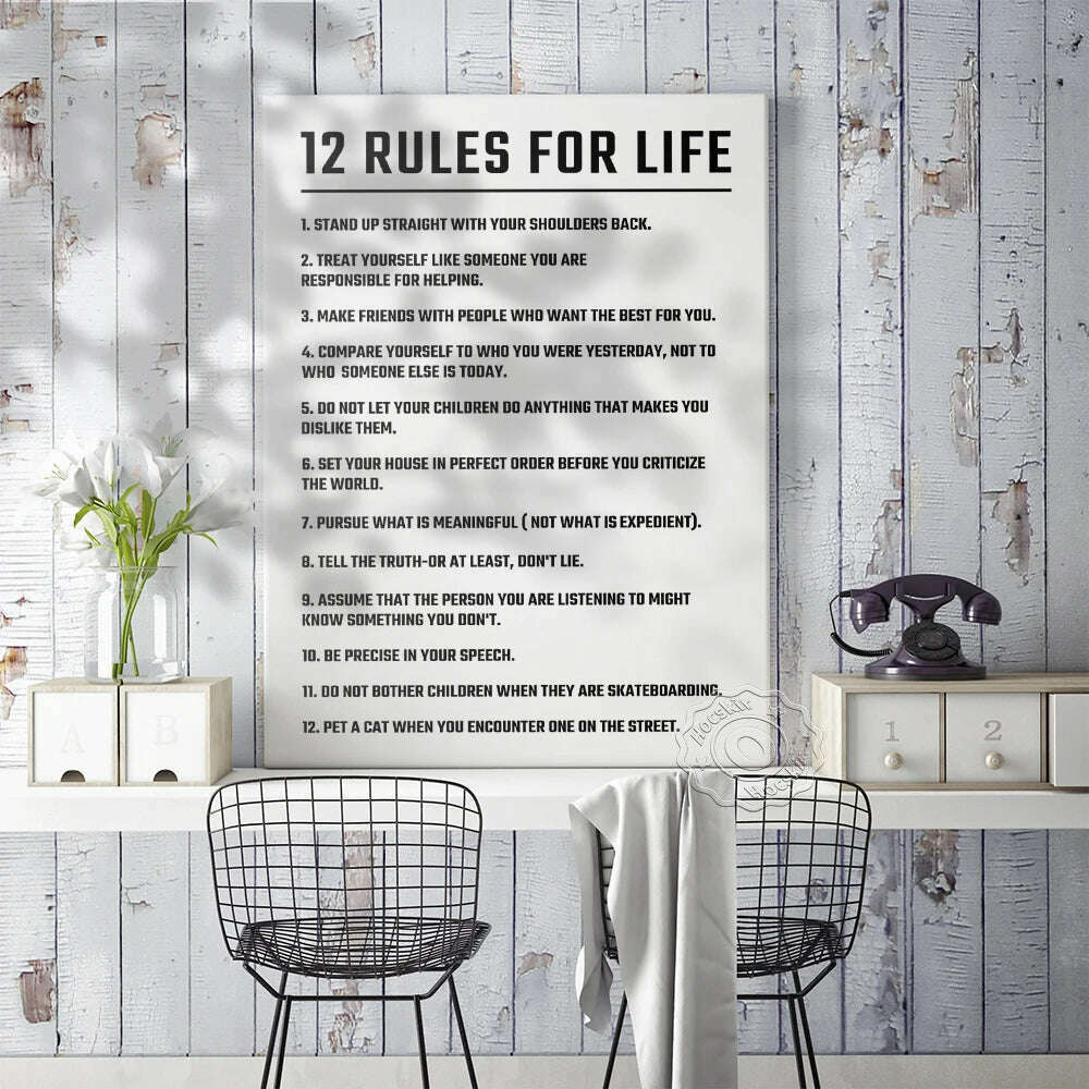Twelve Rules Of Life Poster, Jordan Peterson 12 Principles Wall Art, Motivational Education Life White Art Prints, Teacher Gift
