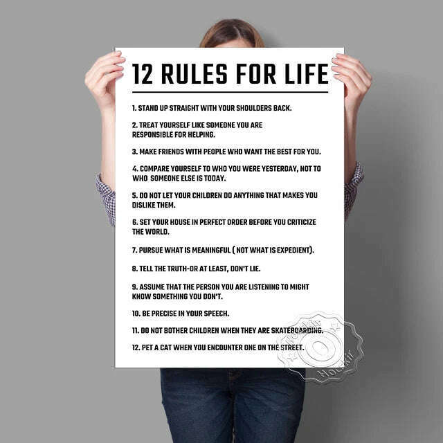 Twelve Rules Of Life Poster, Jordan Peterson 12 Principles Wall Art, Motivational Education Life White Art Prints, Teacher Gift
