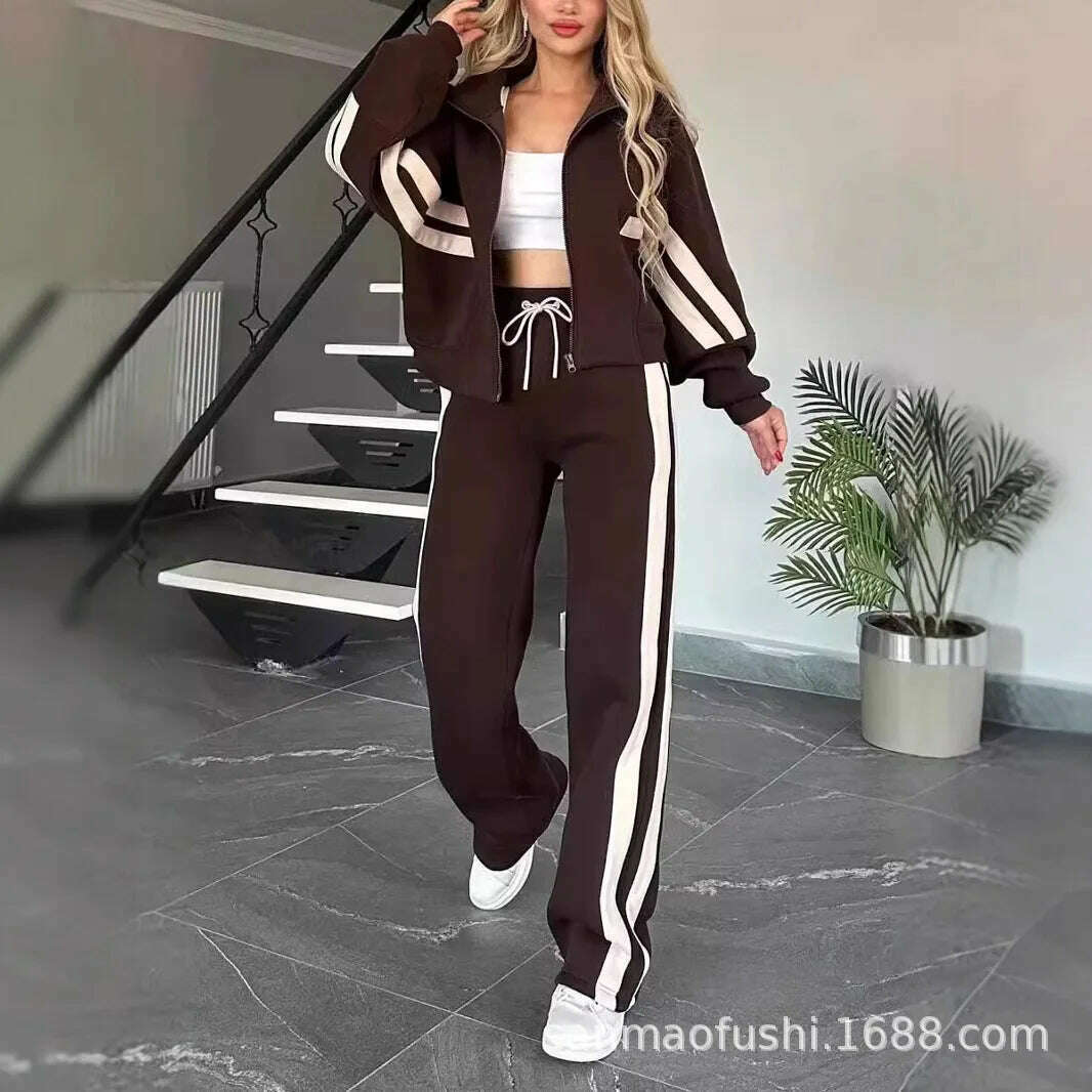 Two Piece Set Women Fashion Striped Splicing Lapel Zipper Coat High Waist Pants Outfit Autumn Winter Long Sleeve Suit Tracksuit
