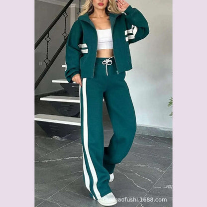 Two Piece Set Women Fashion Striped Splicing Lapel Zipper Coat High Waist Pants Outfit Autumn Winter Long Sleeve Suit Tracksuit