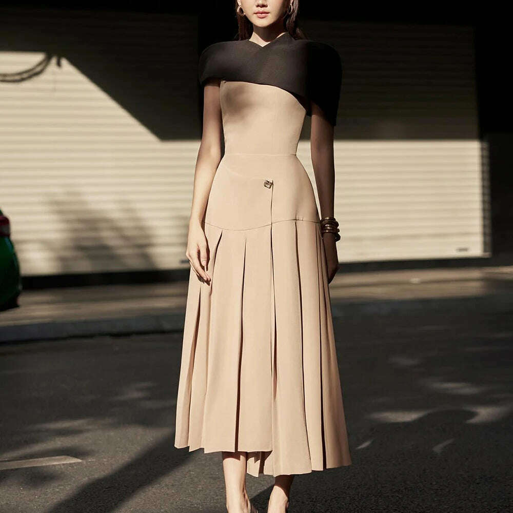 TWOTWINSTYLE Detachable Cloak Dresses For Women Square Collar Sleeveless High Waist Hit Color Patchwork Folds Dress Female New