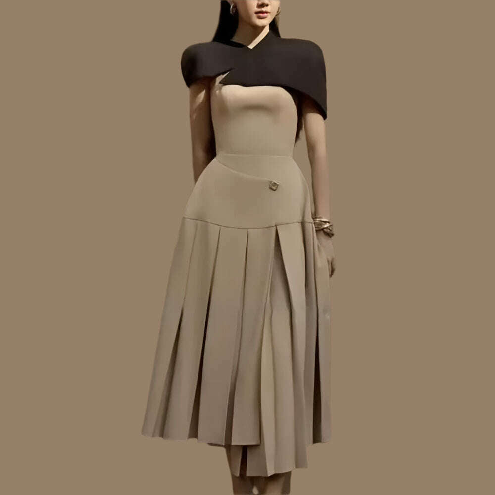 TWOTWINSTYLE Detachable Cloak Dresses For Women Square Collar Sleeveless High Waist Hit Color Patchwork Folds Dress Female New